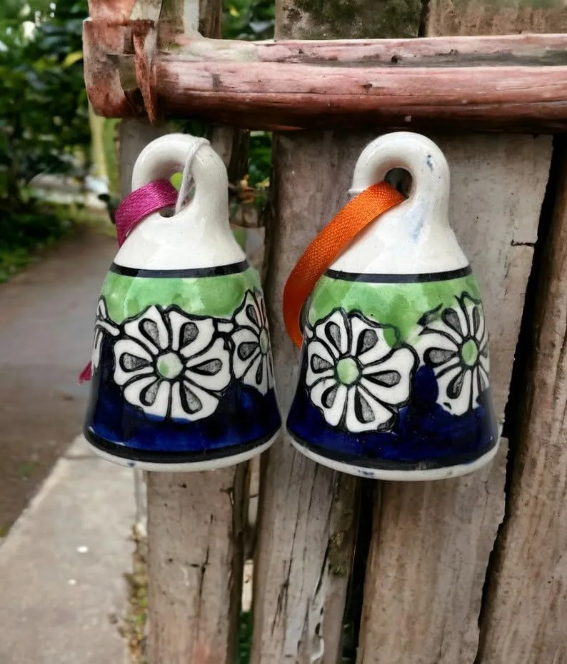 Shopping Shots Set of 2 Ceramic Bells (Small, Height 2.5 inch) for mandir aarti pujan, Wall hangings, Wind chymes, Entry Gates, Home Decor, for puja, for Gardens.
