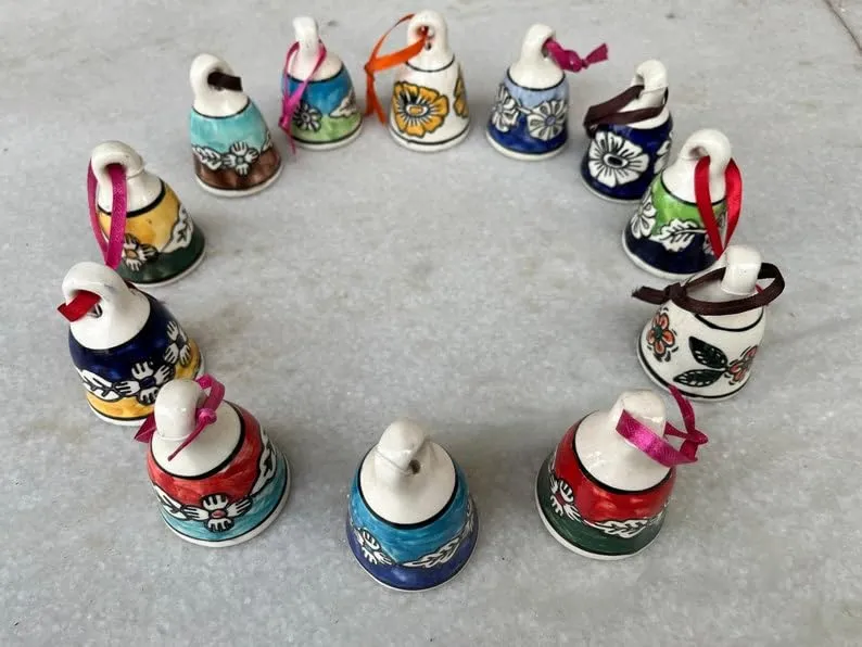 Shopping Shots Set of 3 Ceramic Bells 1 Small(3 inches), 1 Medium(4 inches) and 1 Large (5 inches) for mandir aarti pujan, Wall hangings, Wind chymes, Entry Gates, Home Decor, for puja
