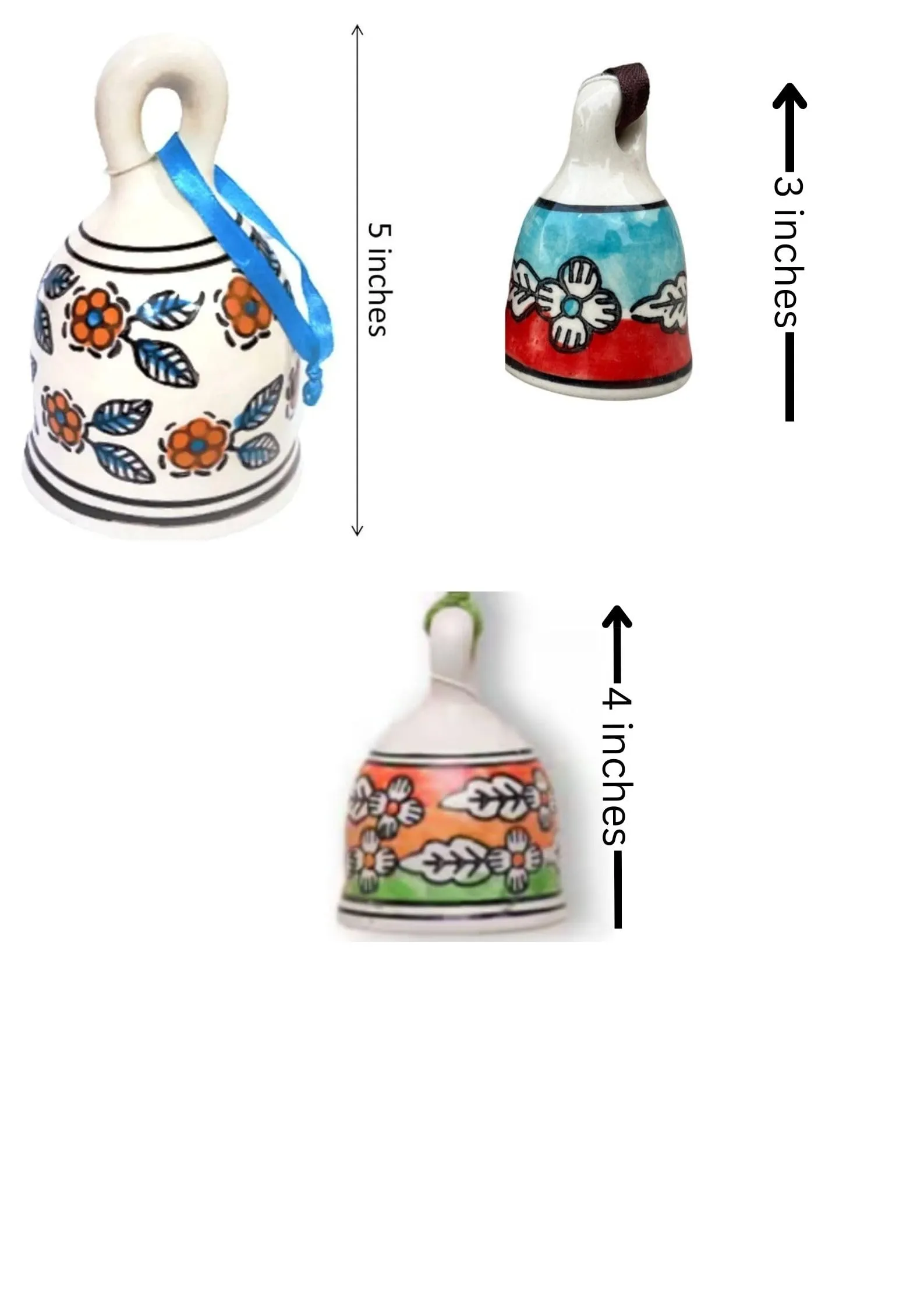 Shopping Shots Set of 3 Ceramic Bells 1 Small(3 inches), 1 Medium(4 inches) and 1 Large (5 inches) for mandir aarti pujan, Wall hangings, Wind chymes, Entry Gates, Home Decor, for puja