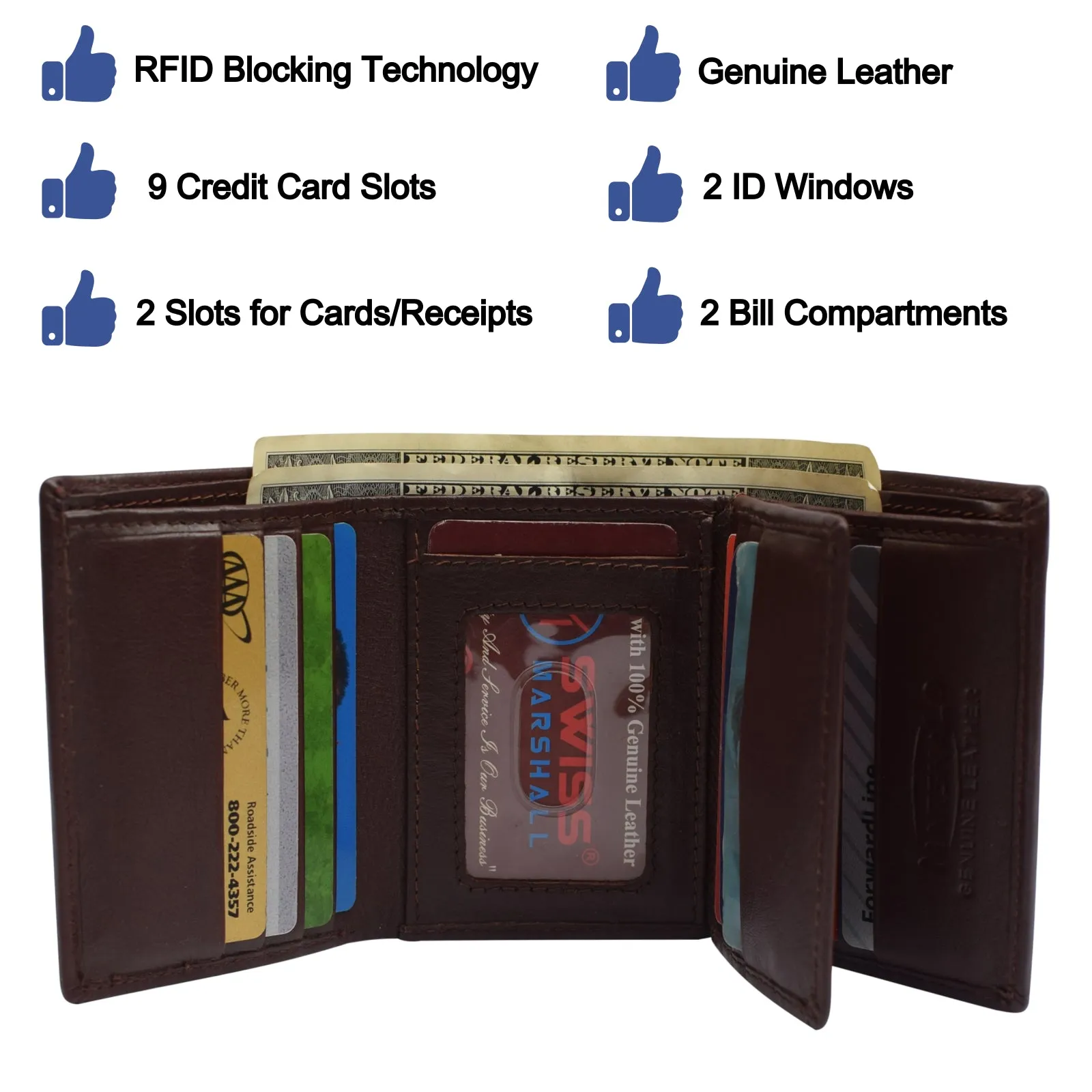 Swiss marshall men's rfid blocking premium leather classic trifold wallet