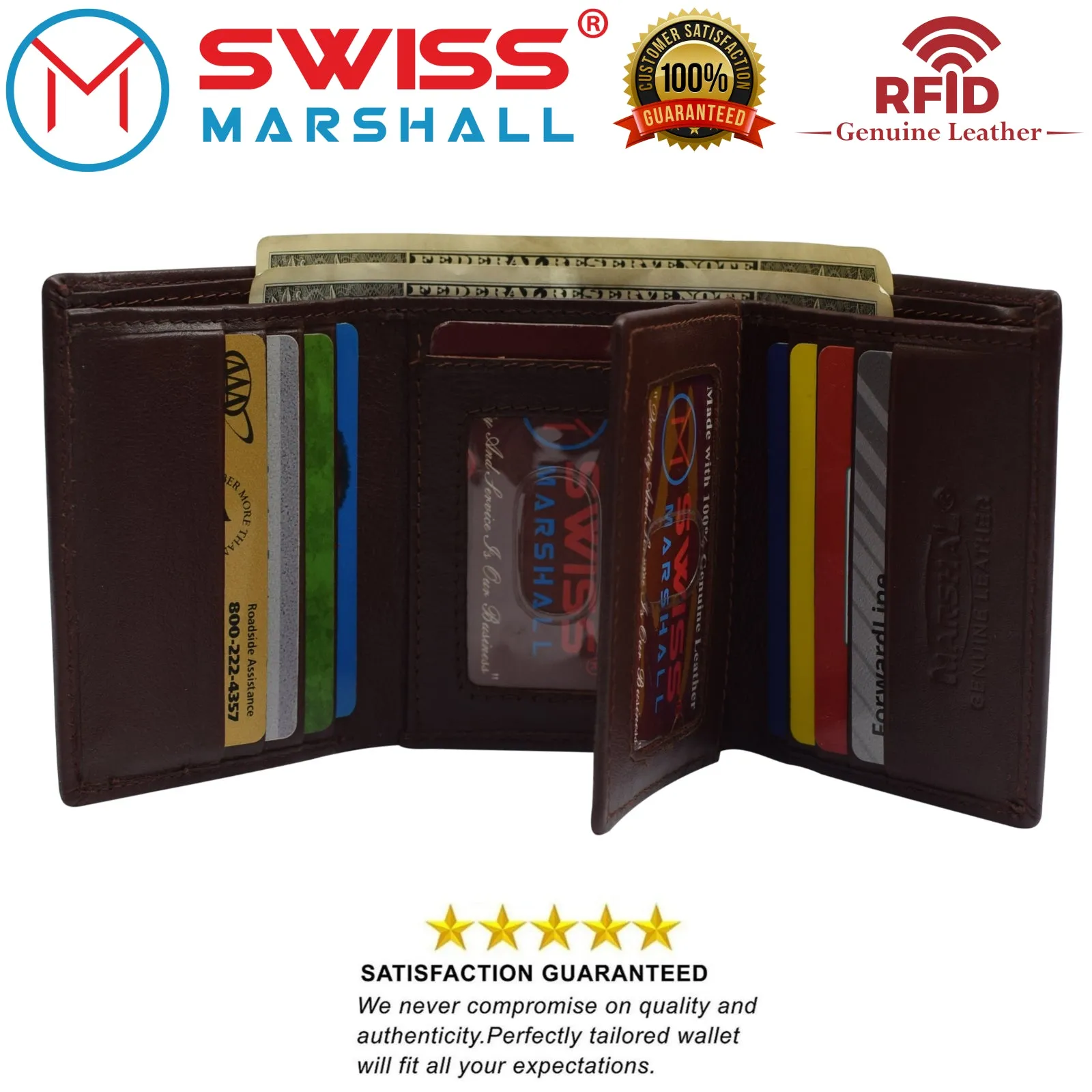 Swiss marshall men's rfid blocking premium leather classic trifold wallet