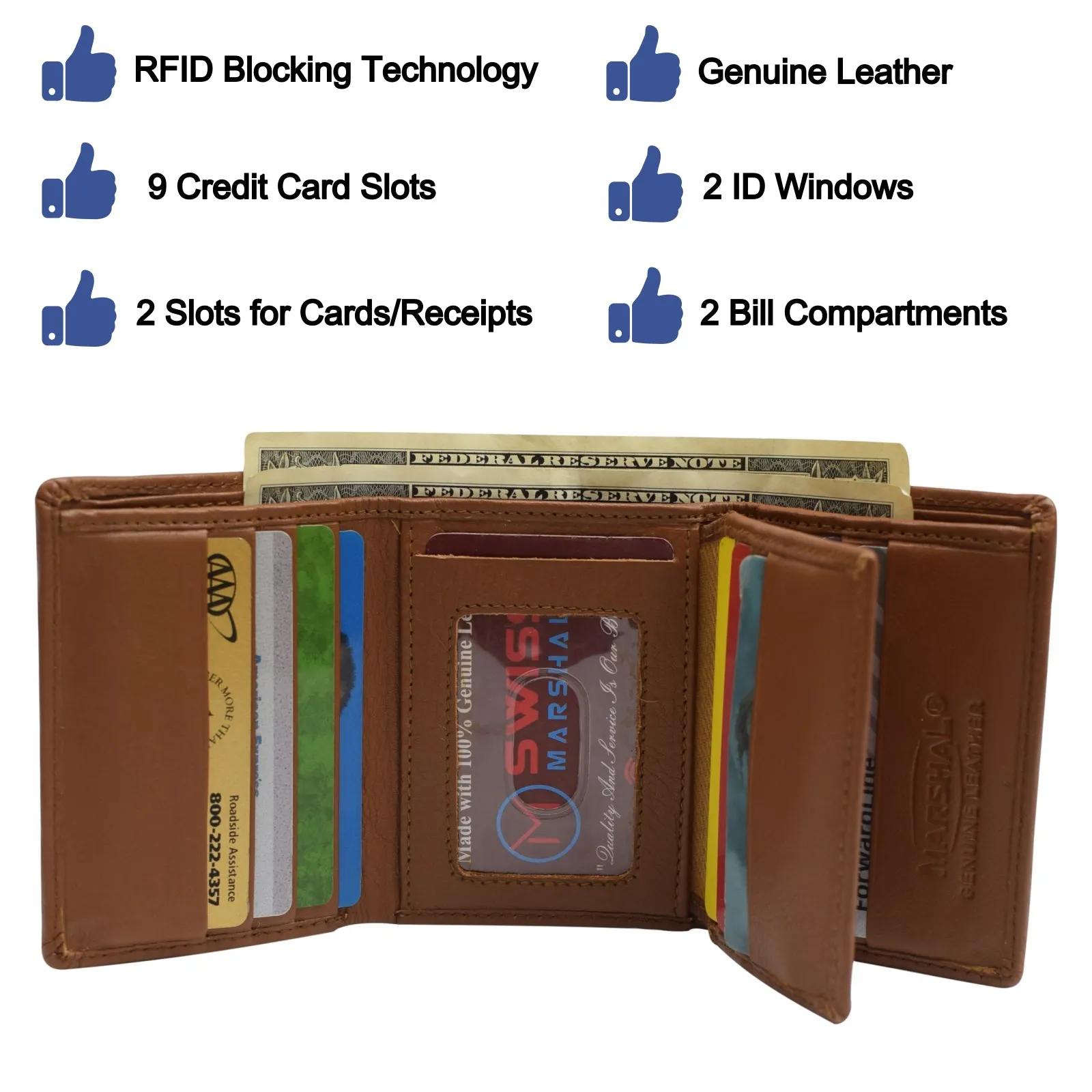 Swiss marshall men's rfid blocking premium leather classic trifold wallet