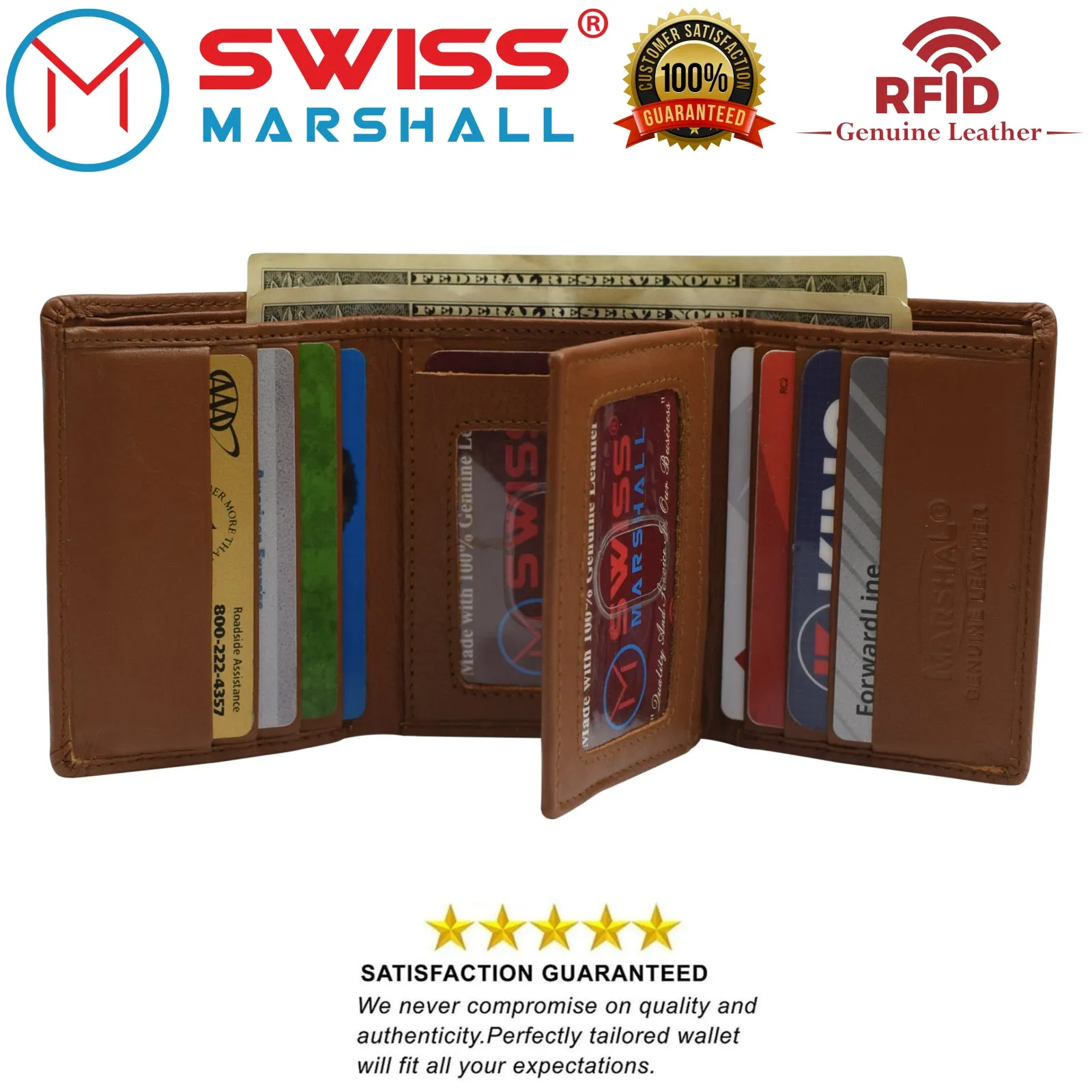 Swiss marshall men's rfid blocking premium leather classic trifold wallet