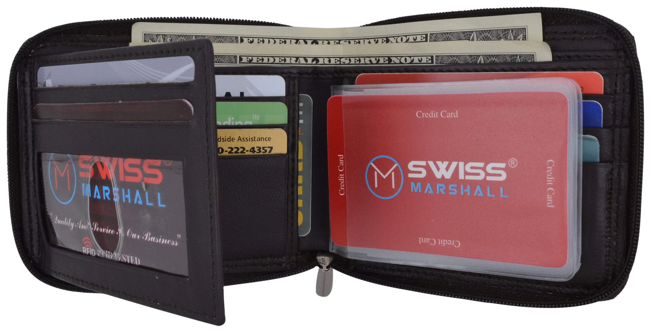 Swiss Marshall Men's Zipper RFID Blocking Premium Leather Zip-Around ID Bifold Wallet