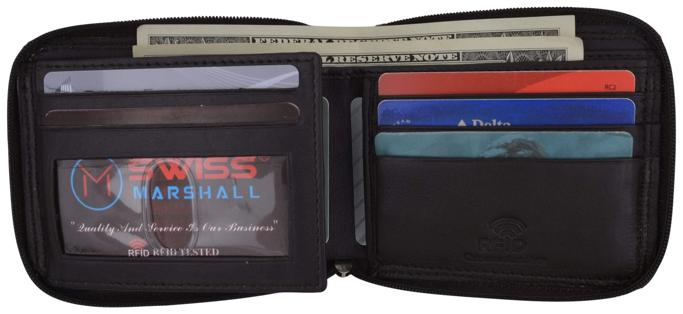 Swiss Marshall Men's Zipper RFID Blocking Premium Leather Zip-Around ID Bifold Wallet