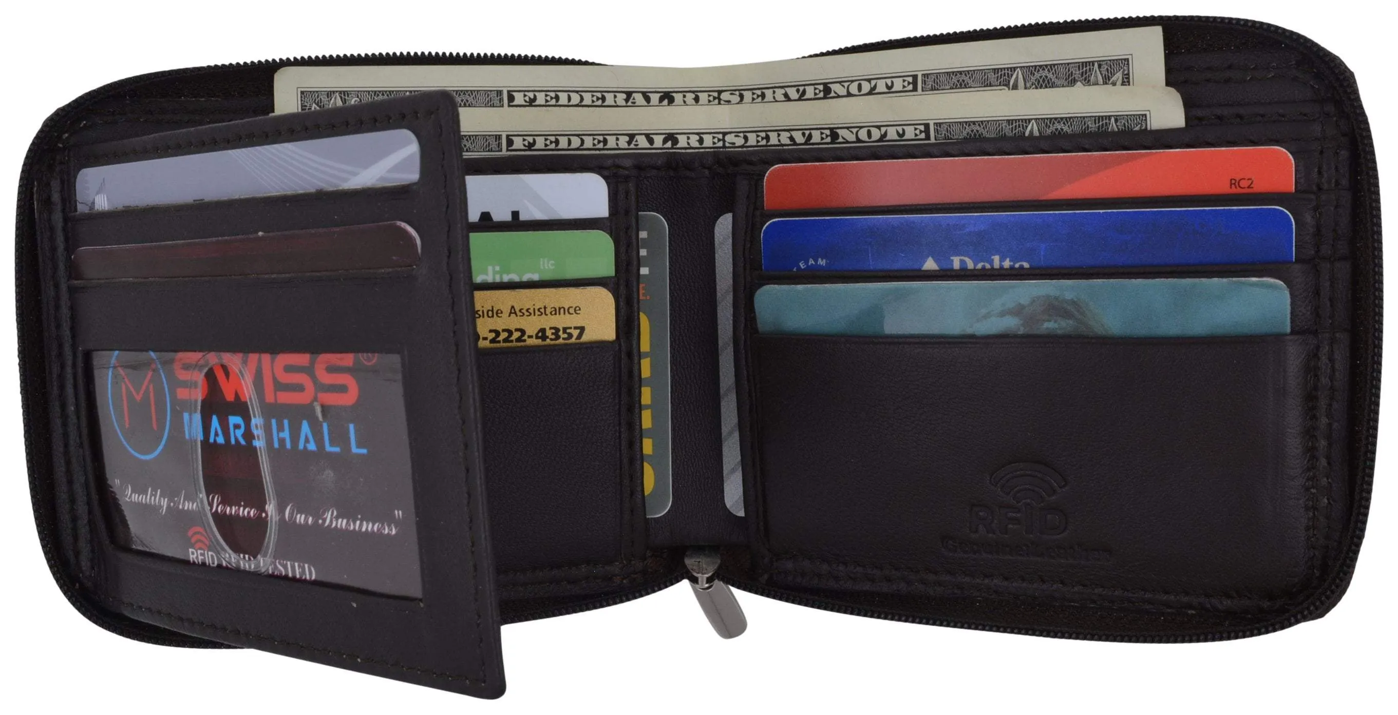 Swiss Marshall Men's Zipper RFID Blocking Premium Leather Zip-Around ID Bifold Wallet