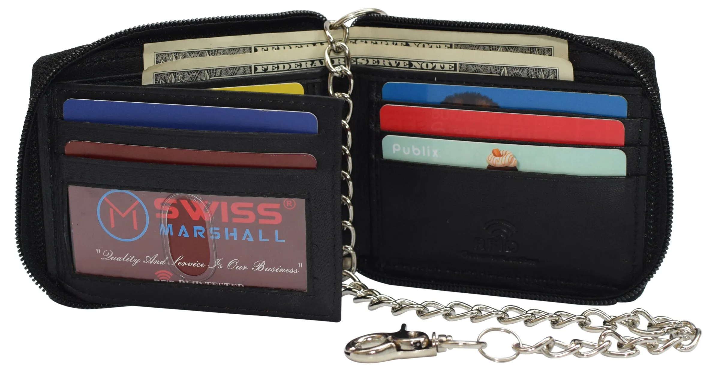 Swiss Marshall Men's Zipper RFID Blocking Premium Leather Zip-Around ID Bifold Wallet