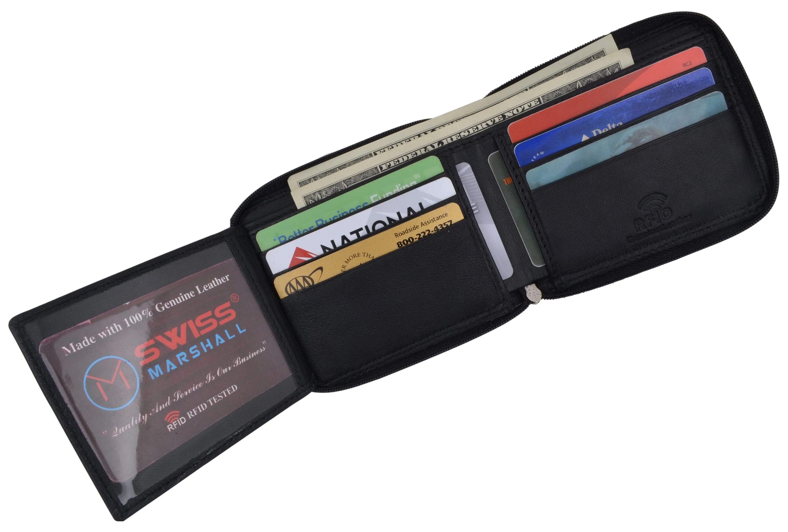 Swiss Marshall Men's Zipper RFID Blocking Premium Leather Zip-Around ID Bifold Wallet