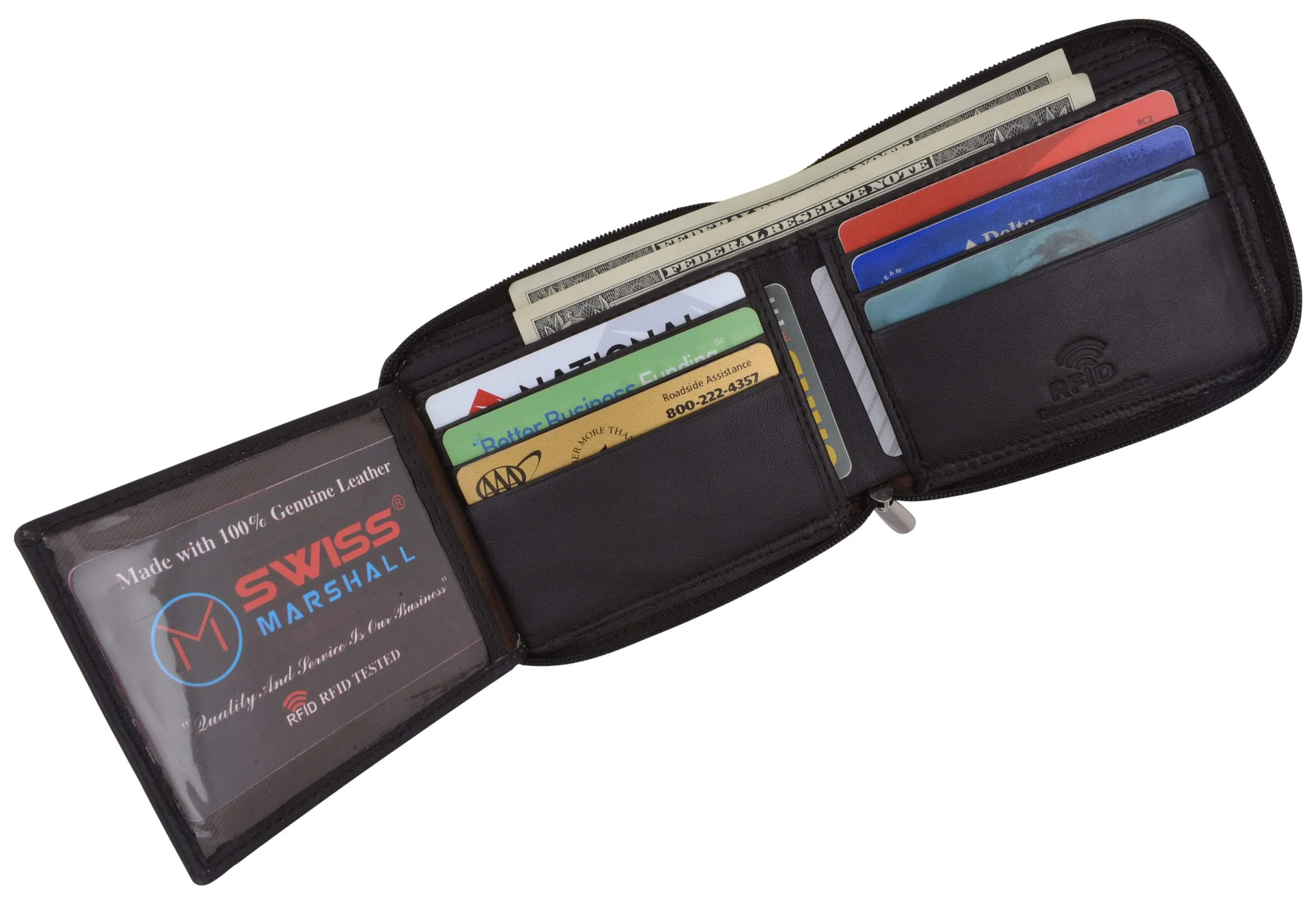 Swiss Marshall Men's Zipper RFID Blocking Premium Leather Zip-Around ID Bifold Wallet