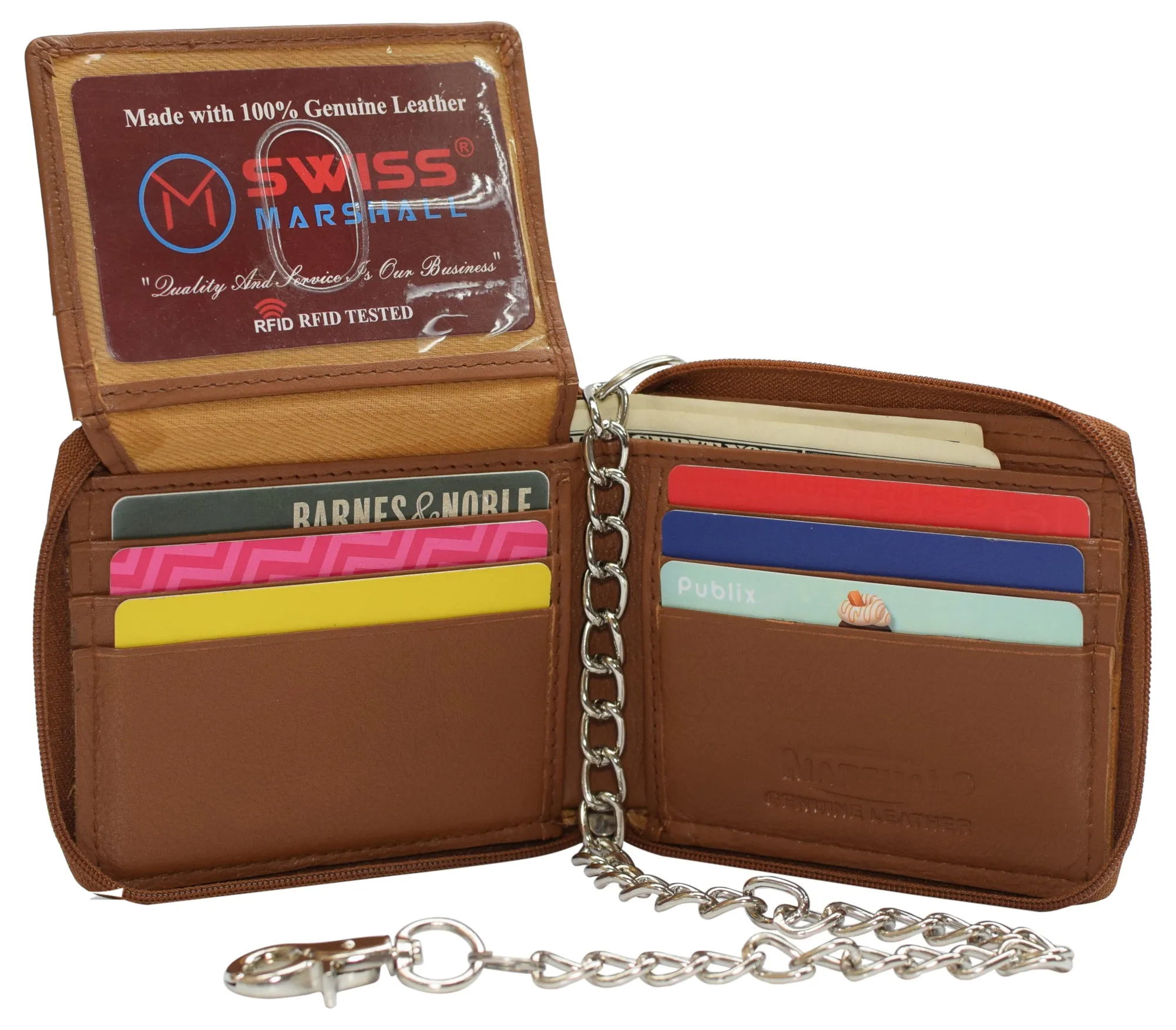 Swiss Marshall Men's Zipper RFID Blocking Premium Leather Zip-Around ID Bifold Wallet