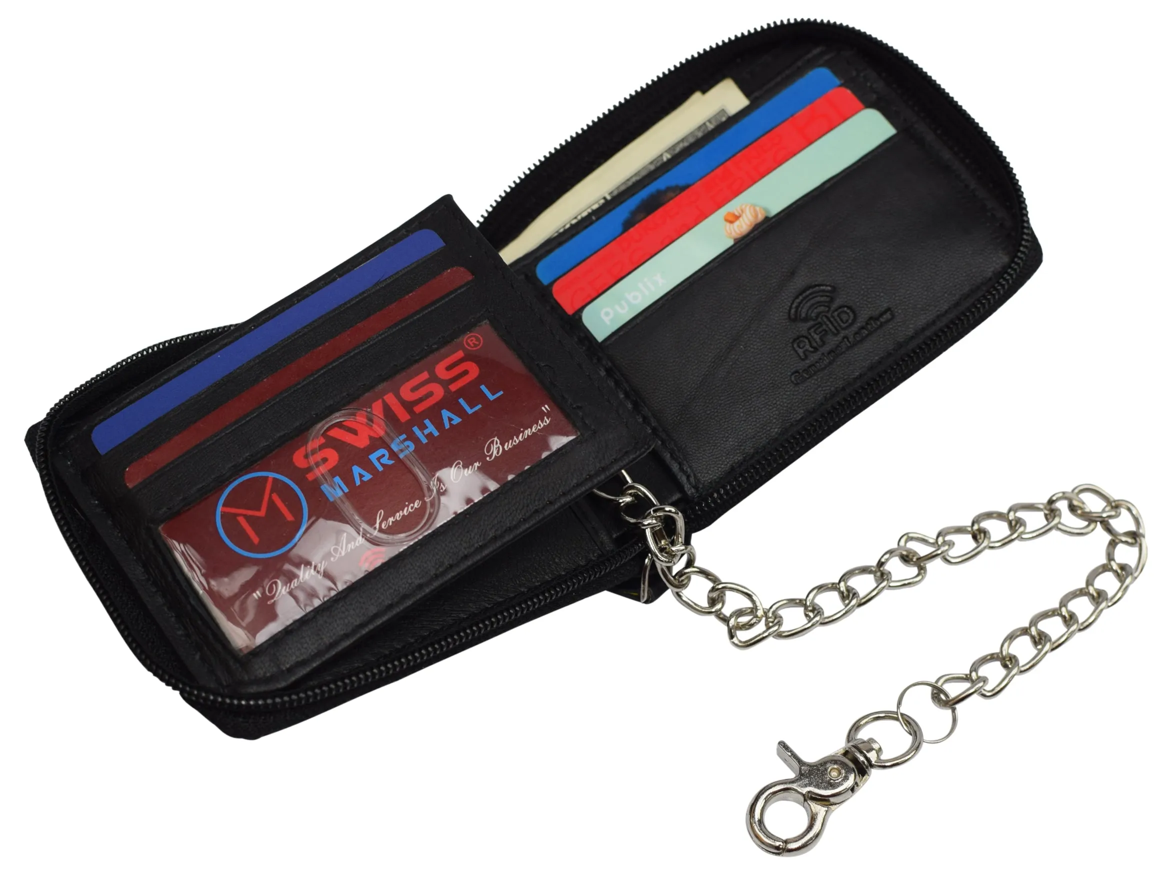 Swiss Marshall Men's Zipper RFID Blocking Premium Leather Zip-Around ID Bifold Wallet