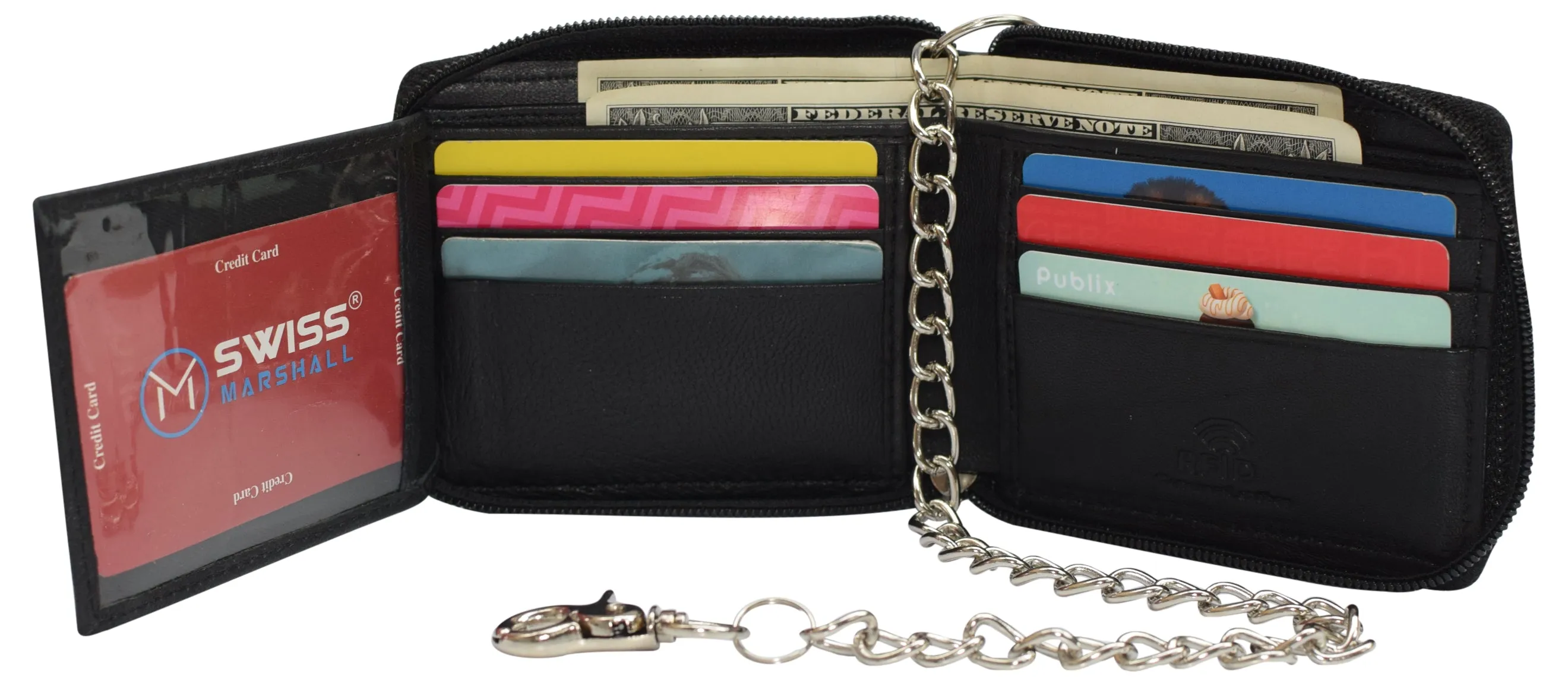 Swiss Marshall Men's Zipper RFID Blocking Premium Leather Zip-Around ID Bifold Wallet