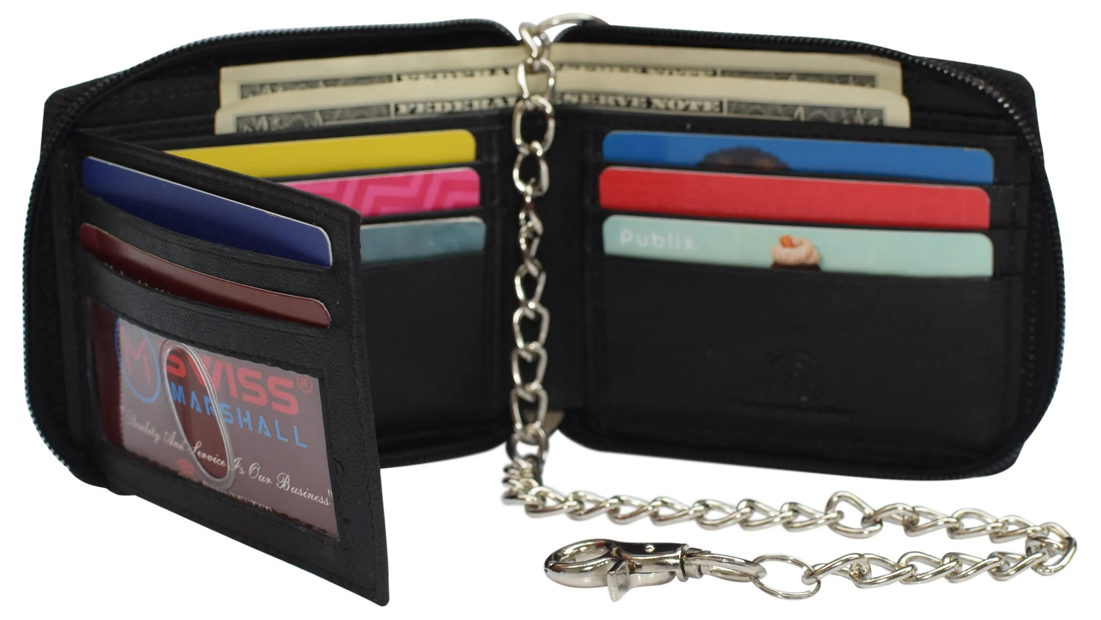 Swiss Marshall Men's Zipper RFID Blocking Premium Leather Zip-Around ID Bifold Wallet