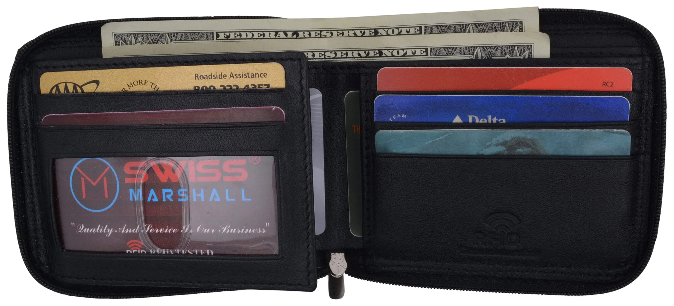 Swiss Marshall Men's Zipper RFID Blocking Premium Leather Zip-Around ID Bifold Wallet