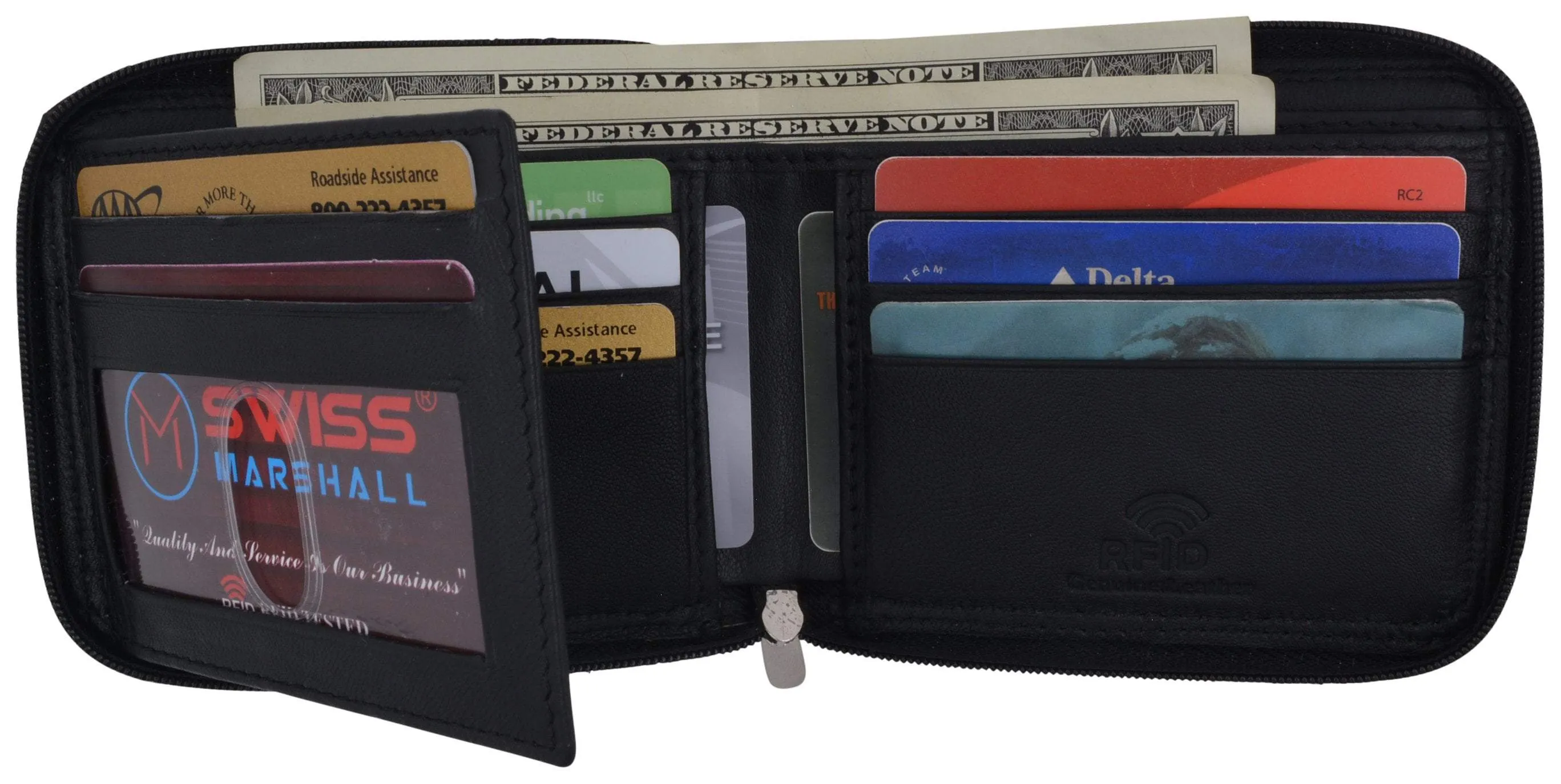 Swiss Marshall Men's Zipper RFID Blocking Premium Leather Zip-Around ID Bifold Wallet