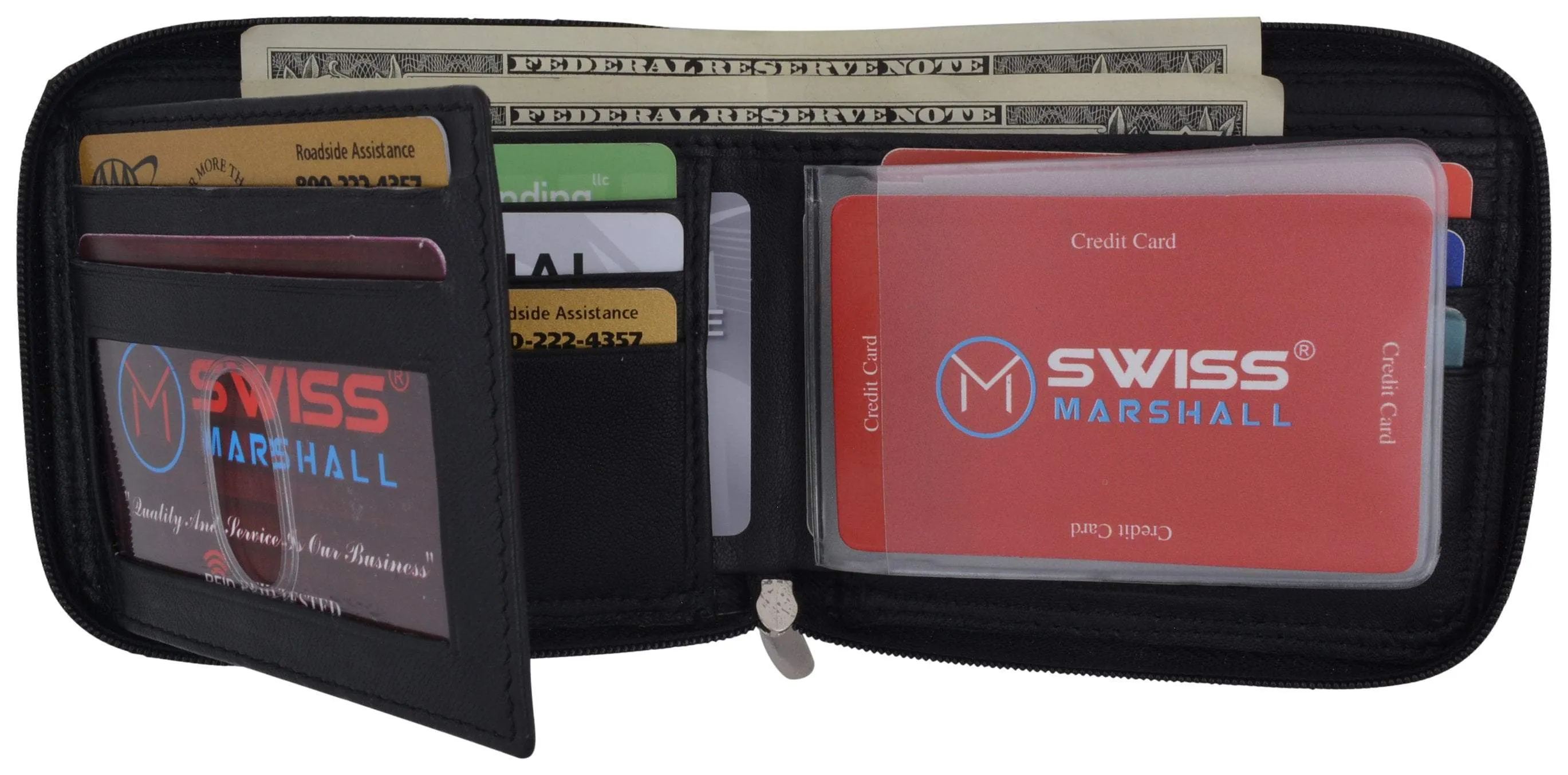 Swiss Marshall Men's Zipper RFID Blocking Premium Leather Zip-Around ID Bifold Wallet