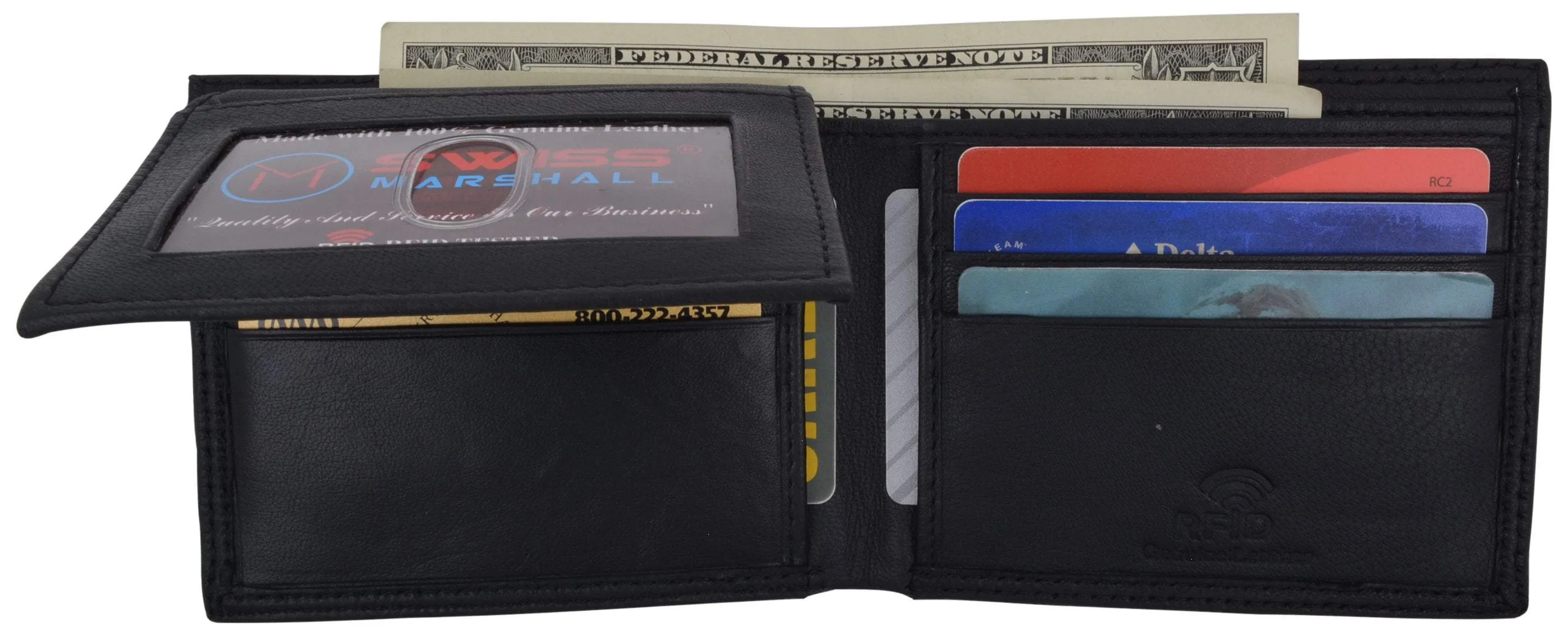 Swiss Marshall Premium Leather Men's Bifold Fixed ID Flap Card Holder Wallet