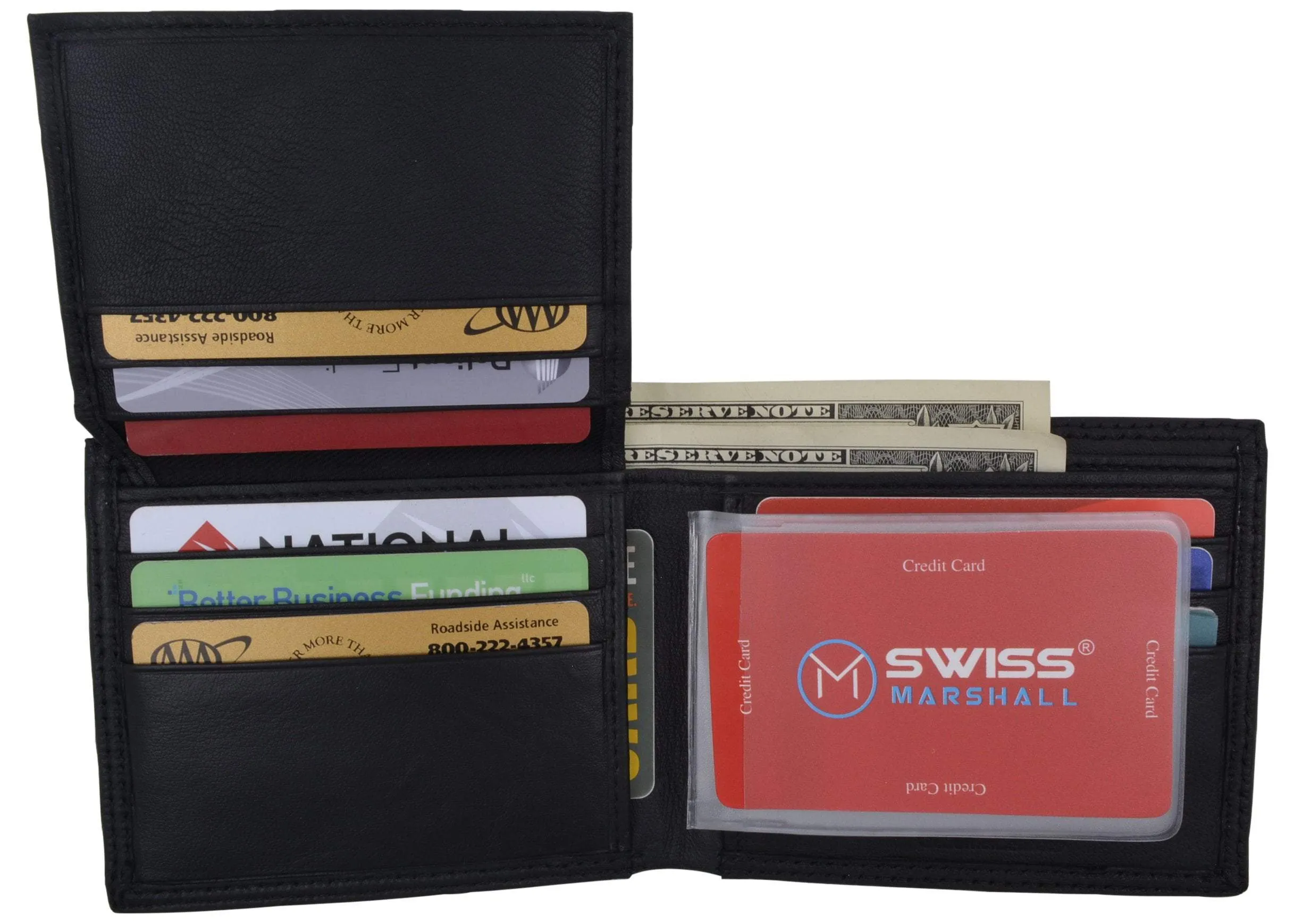 Swiss Marshall Premium Leather Men's Bifold Fixed ID Flap Card Holder Wallet