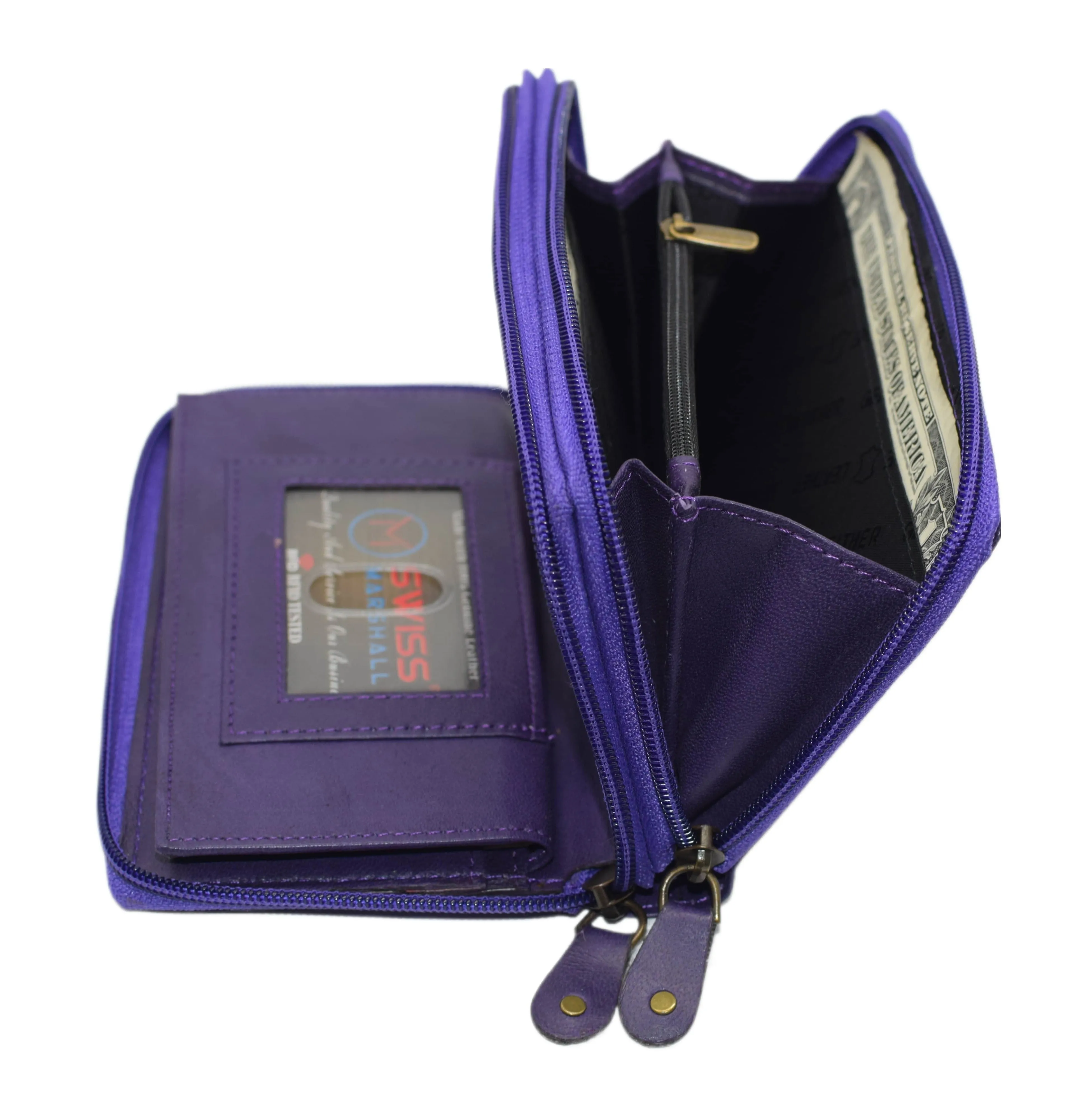 Swiss Marshall RFID Women's Deluxe Double Zipper Credit Card ID Checkbook Holder Premium Leather Wallet