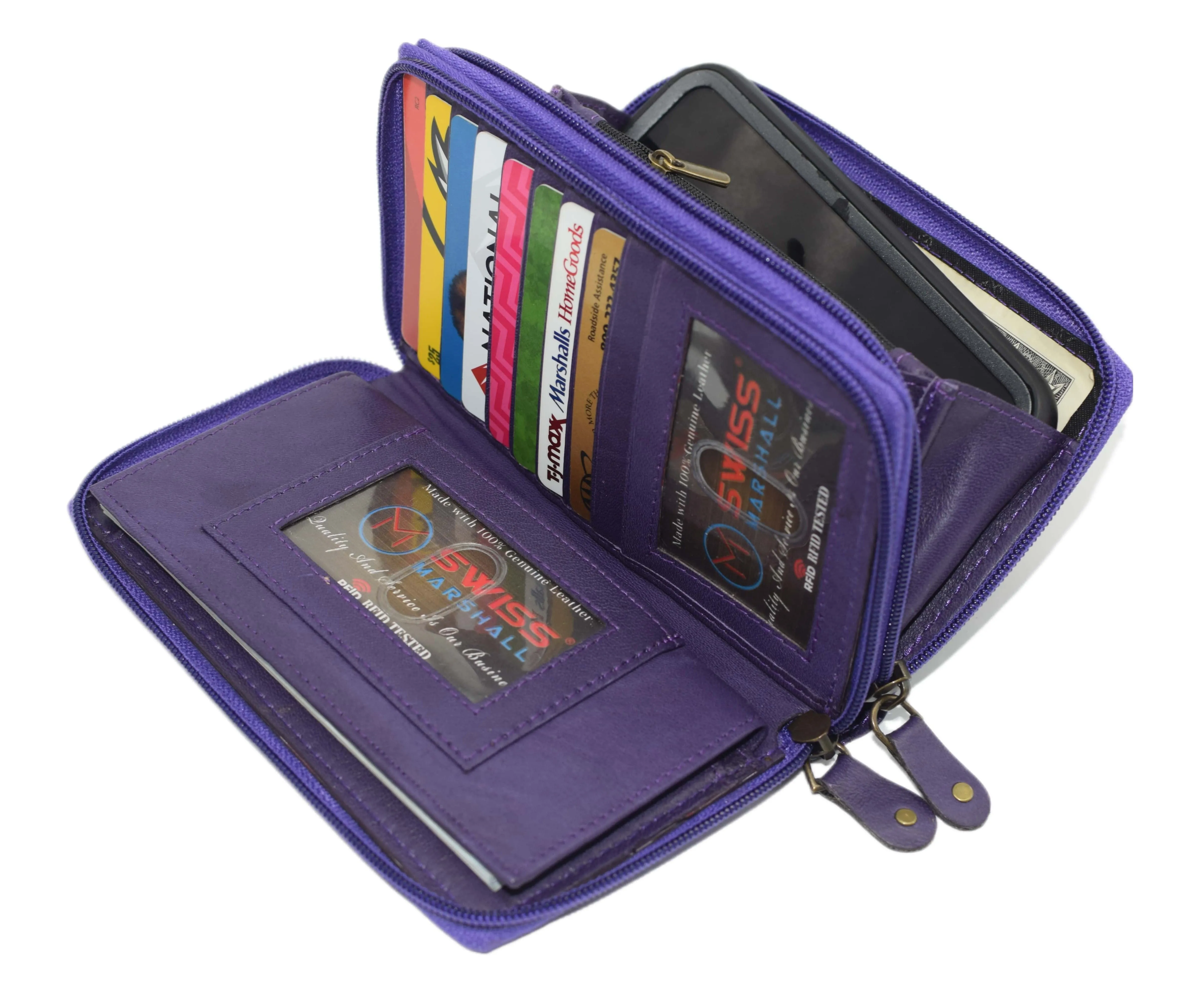 Swiss Marshall RFID Women's Deluxe Double Zipper Credit Card ID Checkbook Holder Premium Leather Wallet