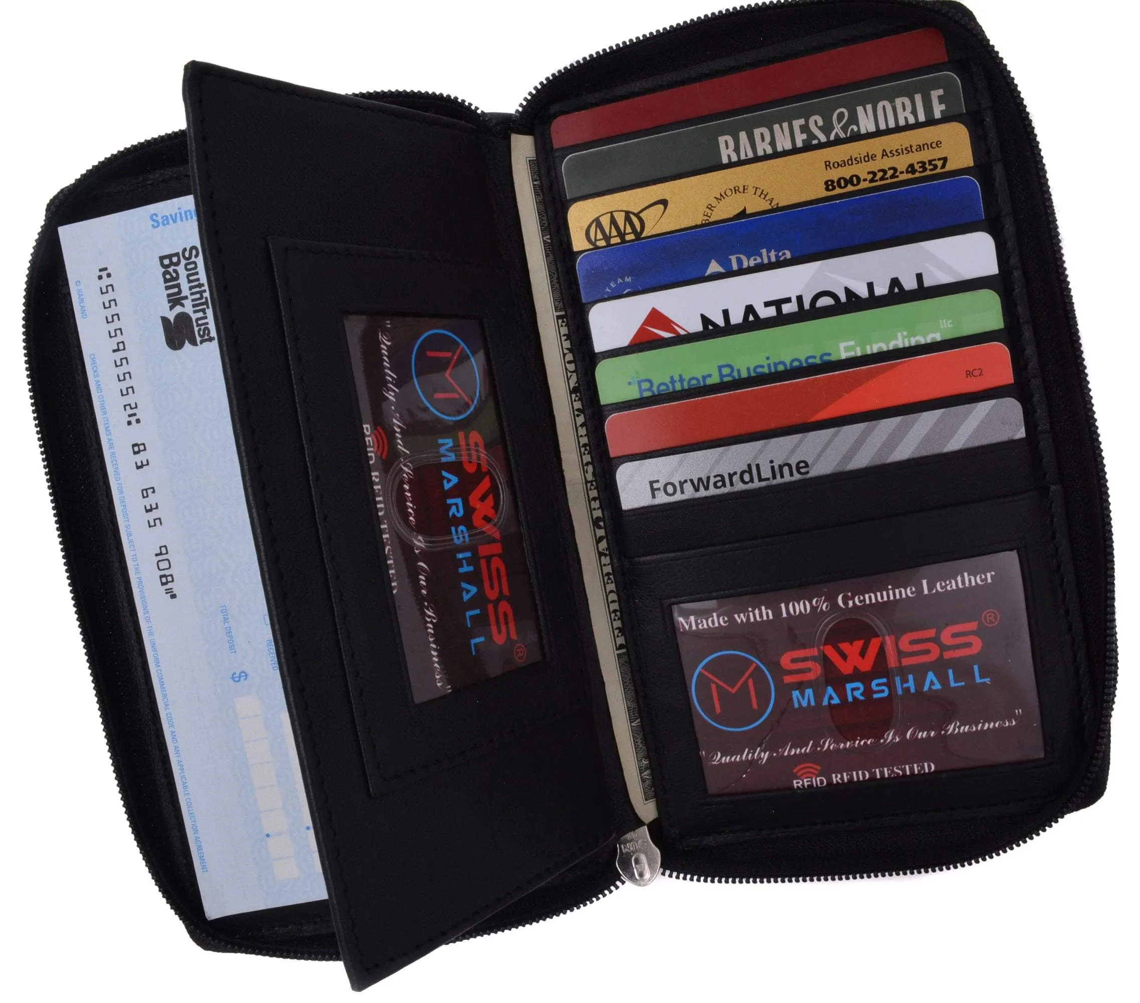 Swiss Marshall RFID Women's Deluxe Double Zipper Credit Card ID Checkbook Holder Premium Leather Wallet