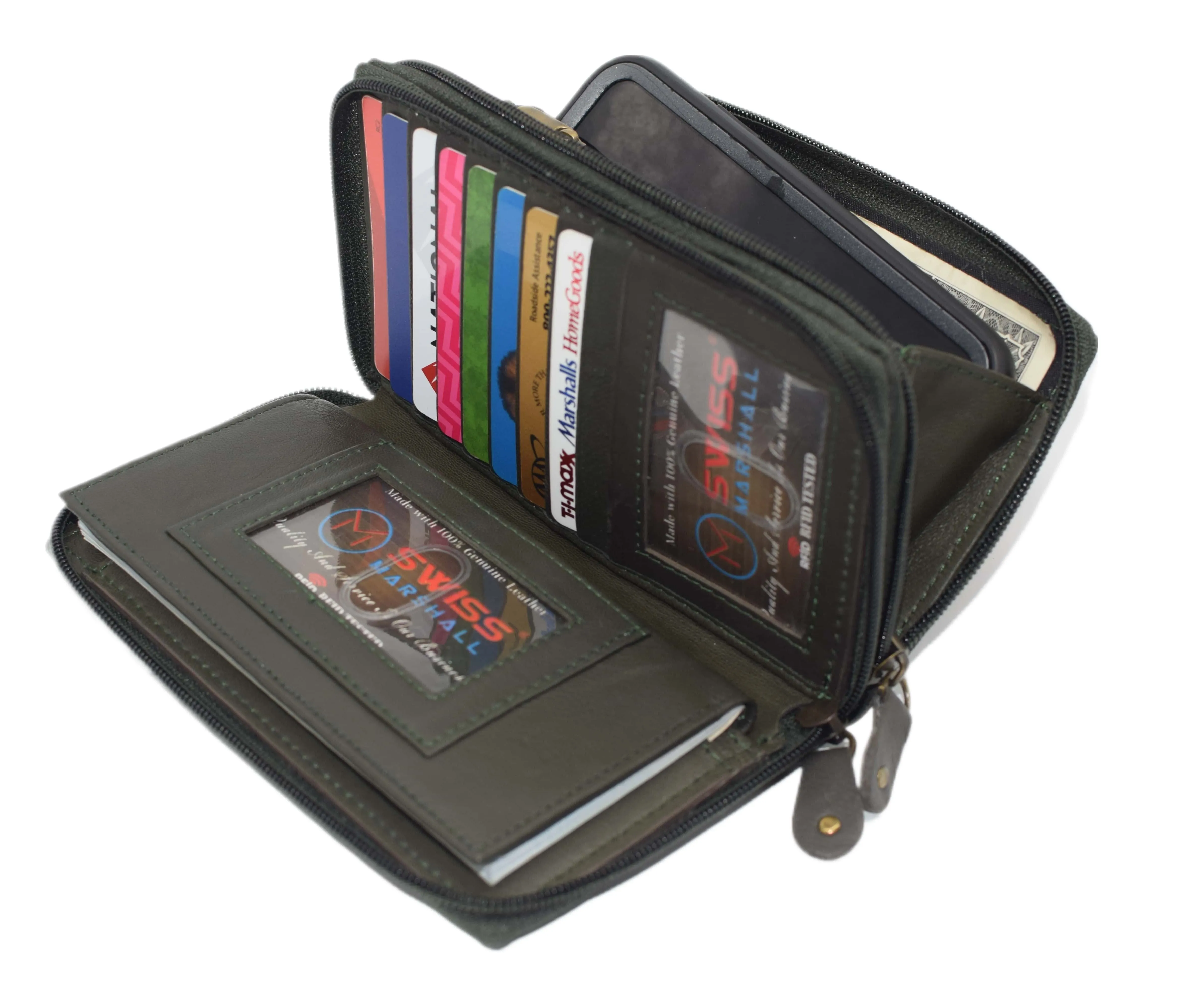 Swiss Marshall RFID Women's Deluxe Double Zipper Credit Card ID Checkbook Holder Premium Leather Wallet