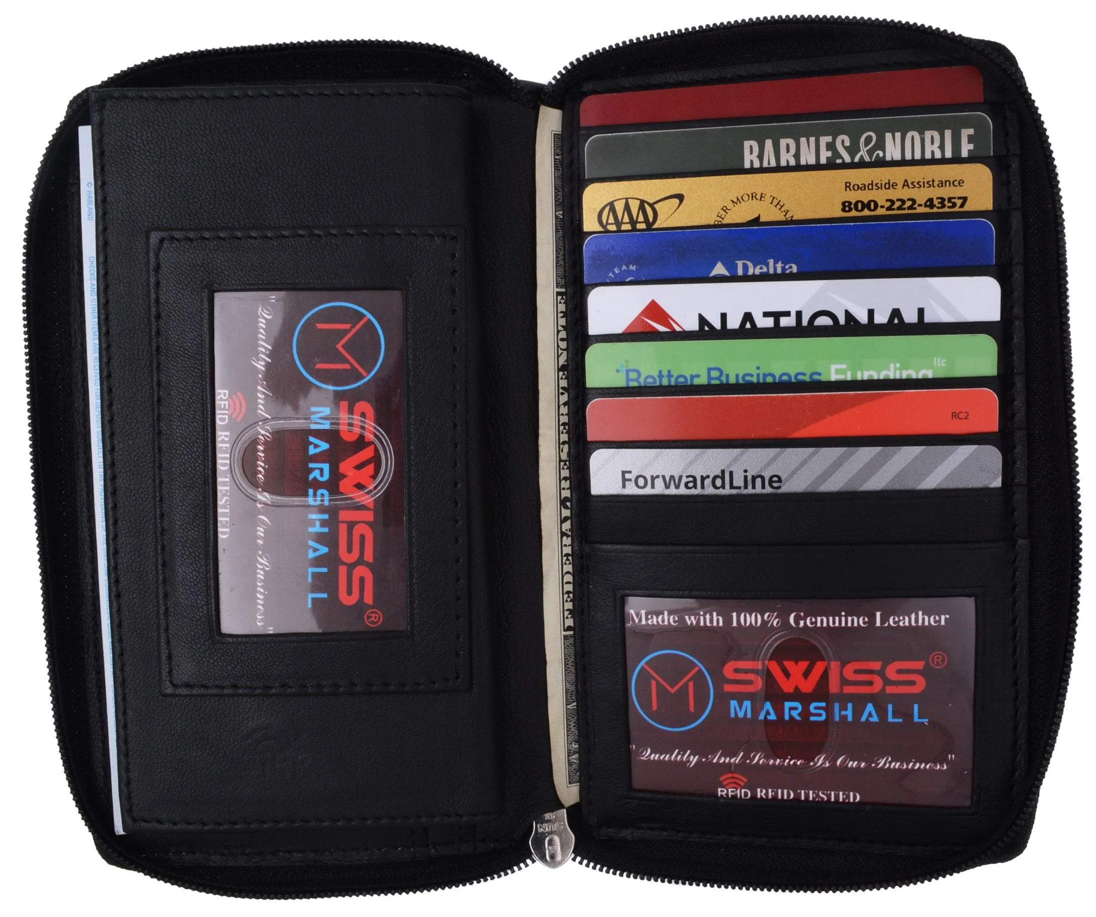 Swiss Marshall RFID Women's Deluxe Double Zipper Credit Card ID Checkbook Holder Premium Leather Wallet