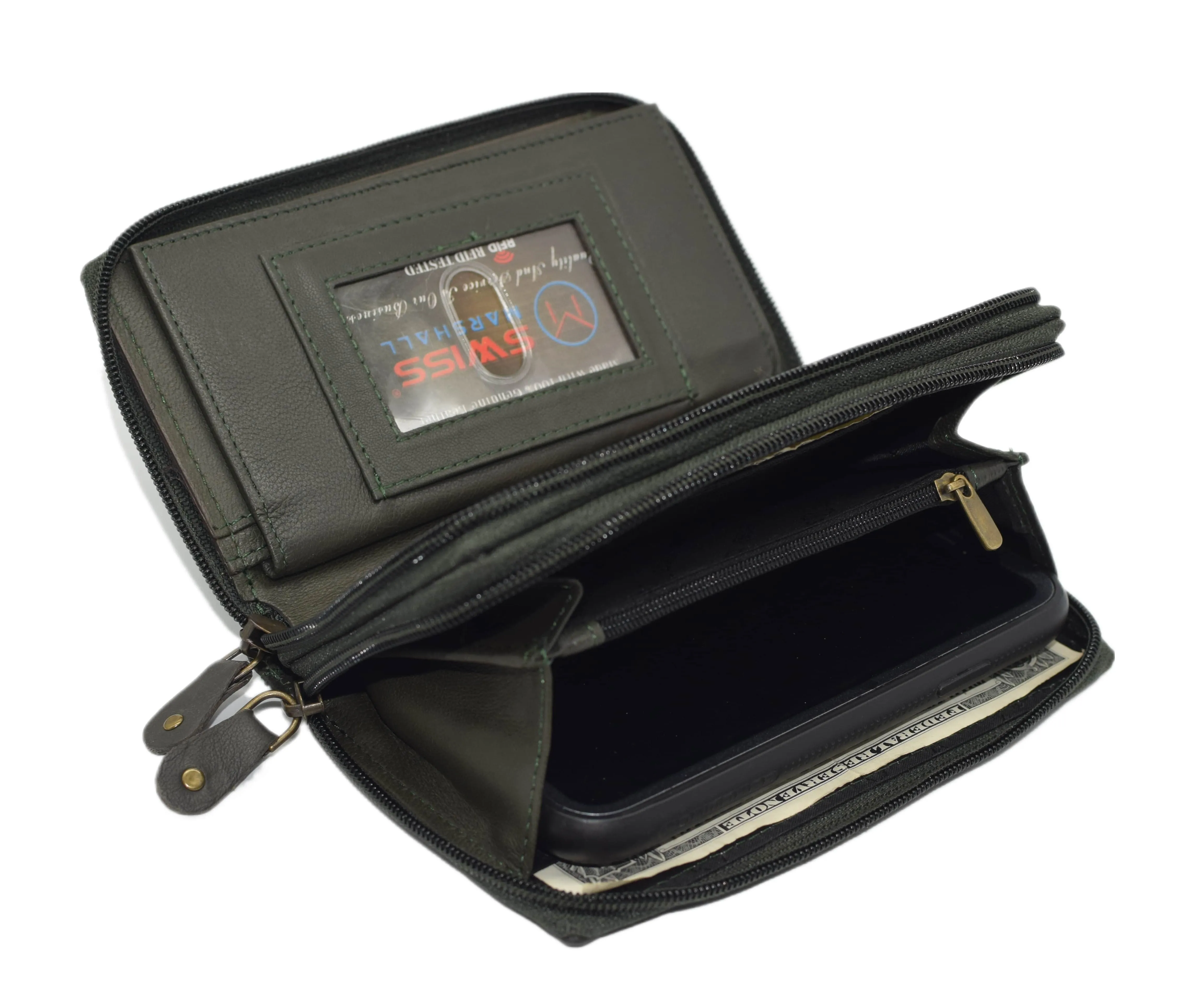 Swiss Marshall RFID Women's Deluxe Double Zipper Credit Card ID Checkbook Holder Premium Leather Wallet
