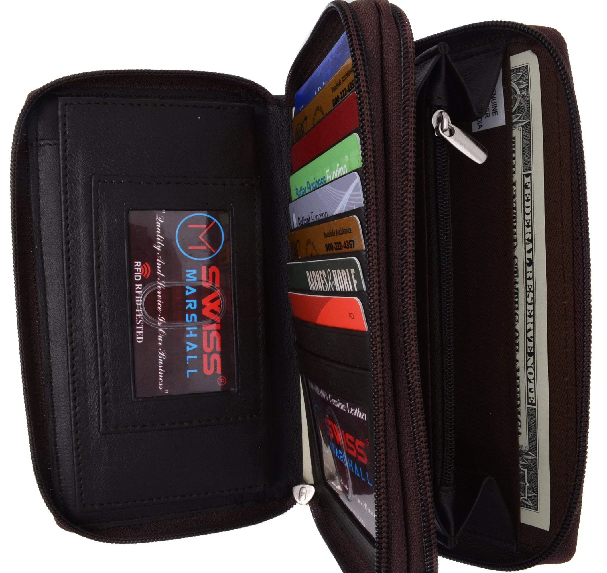 Swiss Marshall RFID Women's Deluxe Double Zipper Credit Card ID Checkbook Holder Premium Leather Wallet
