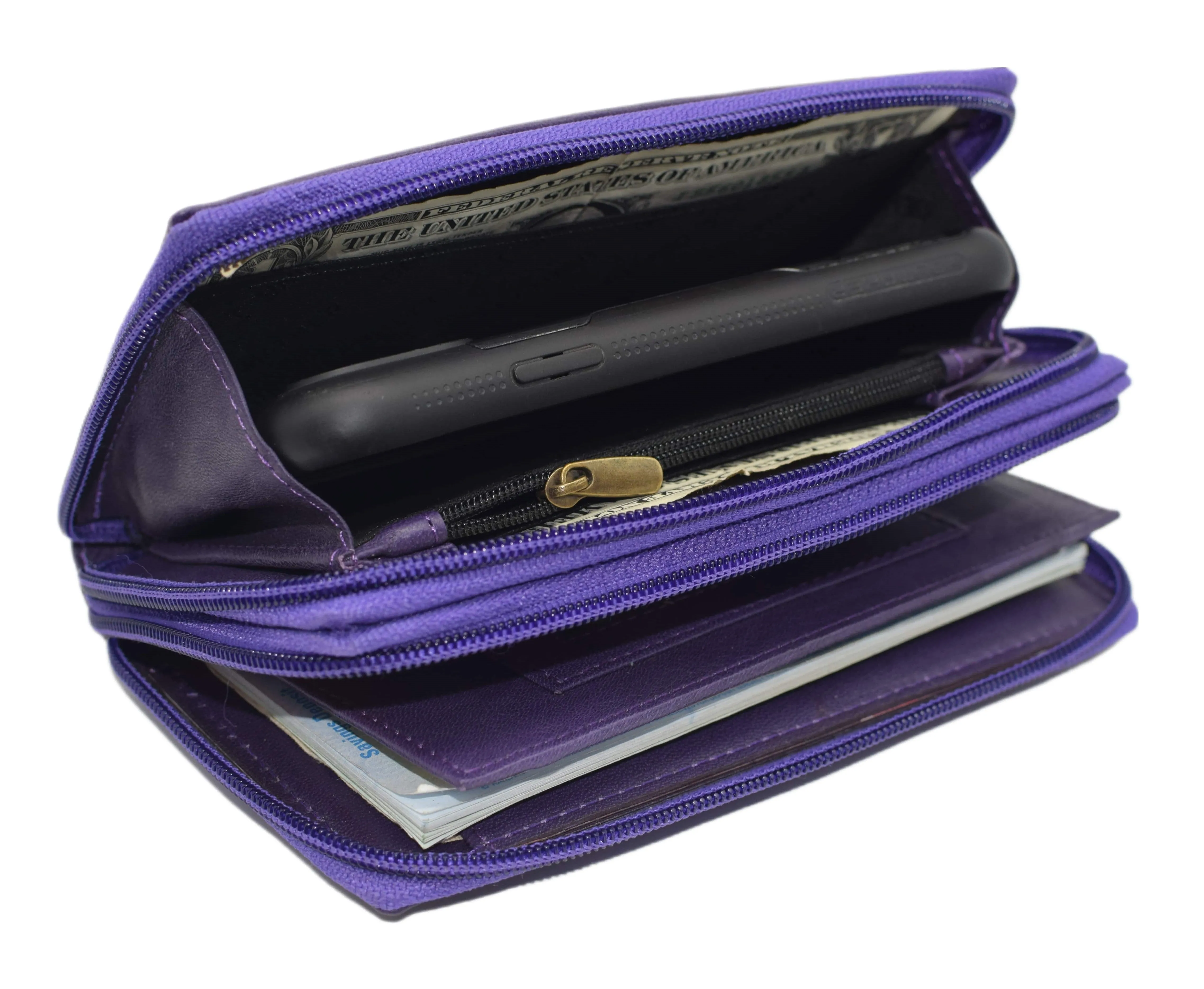 Swiss Marshall RFID Women's Deluxe Double Zipper Credit Card ID Checkbook Holder Premium Leather Wallet