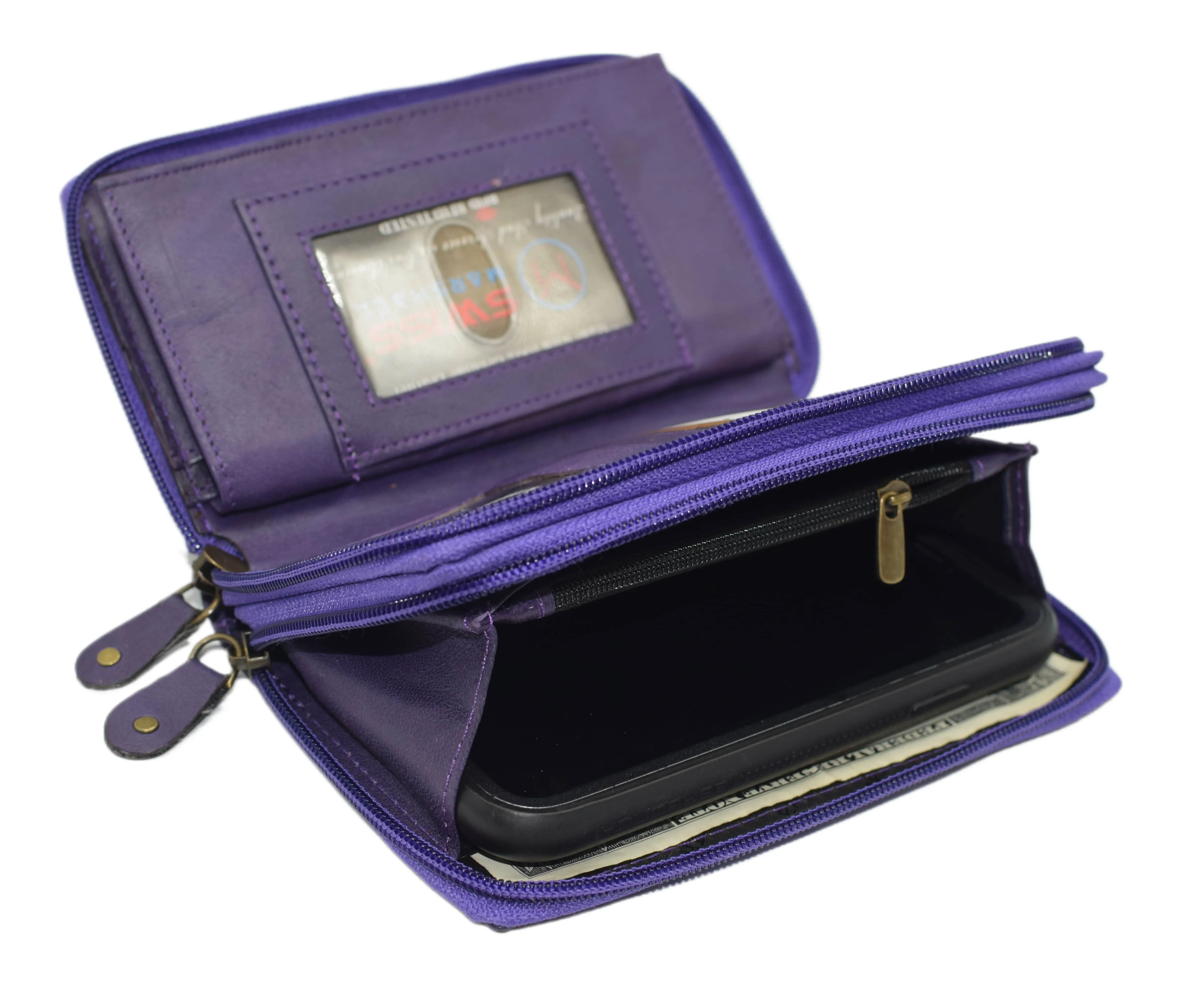 Swiss Marshall RFID Women's Deluxe Double Zipper Credit Card ID Checkbook Holder Premium Leather Wallet