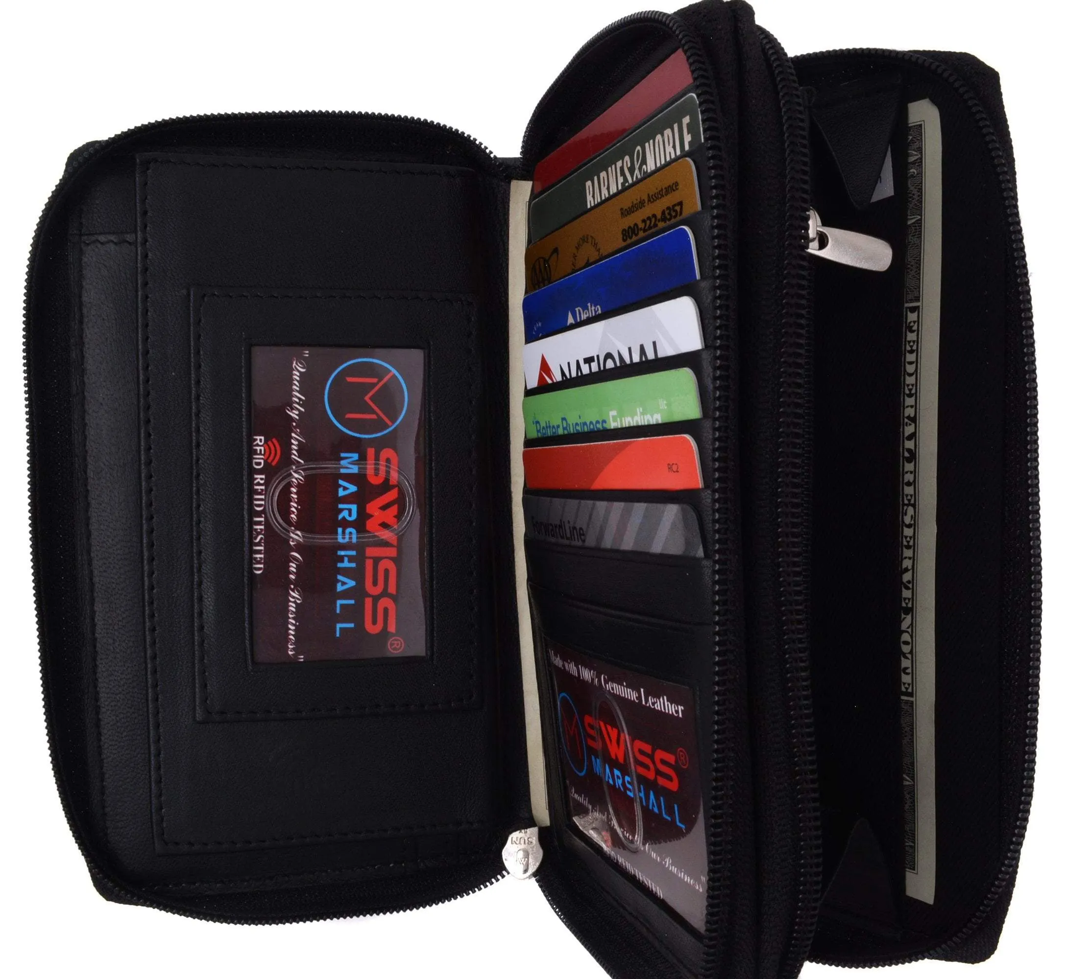 Swiss Marshall RFID Women's Deluxe Double Zipper Credit Card ID Checkbook Holder Premium Leather Wallet