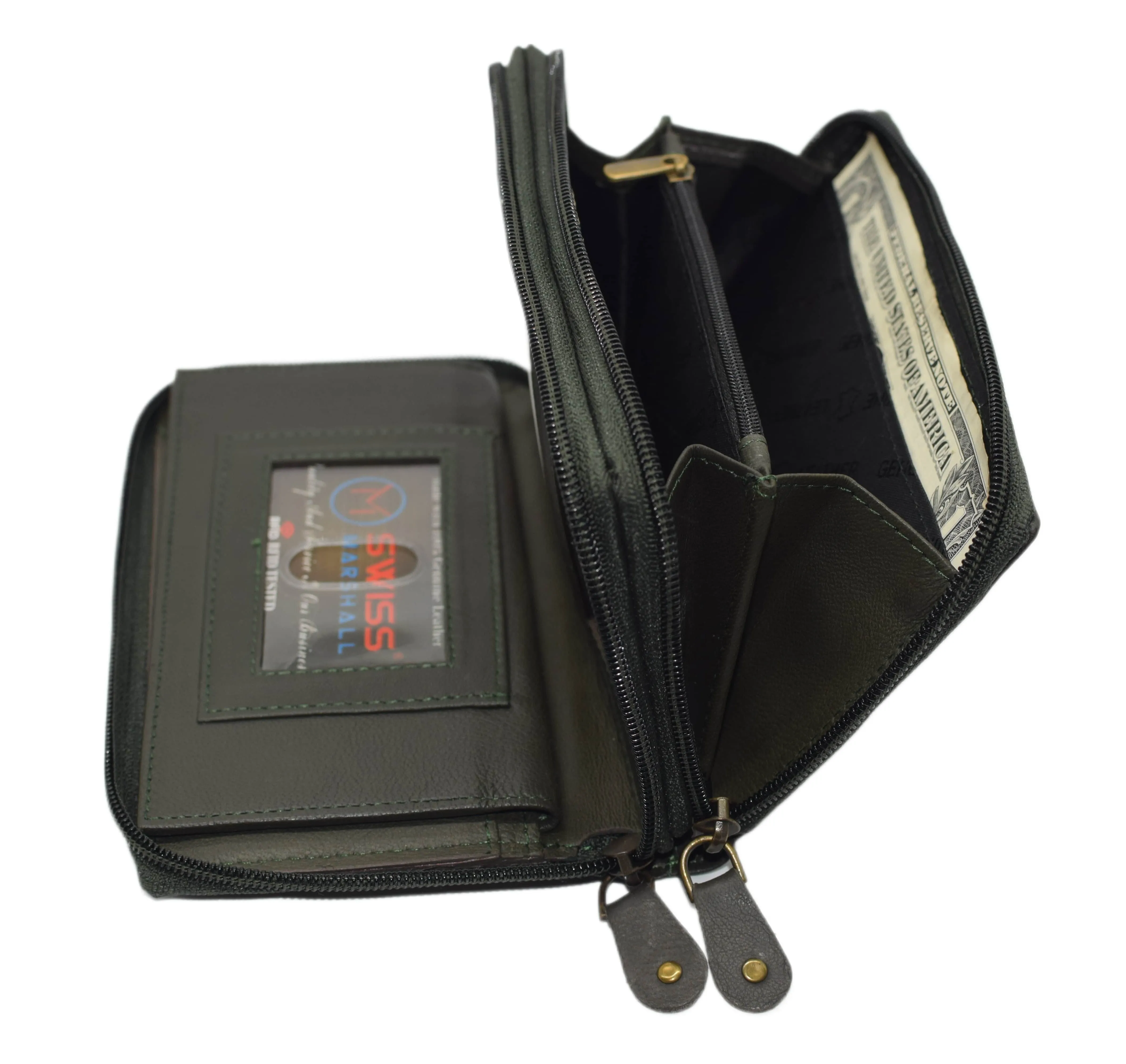 Swiss Marshall RFID Women's Deluxe Double Zipper Credit Card ID Checkbook Holder Premium Leather Wallet