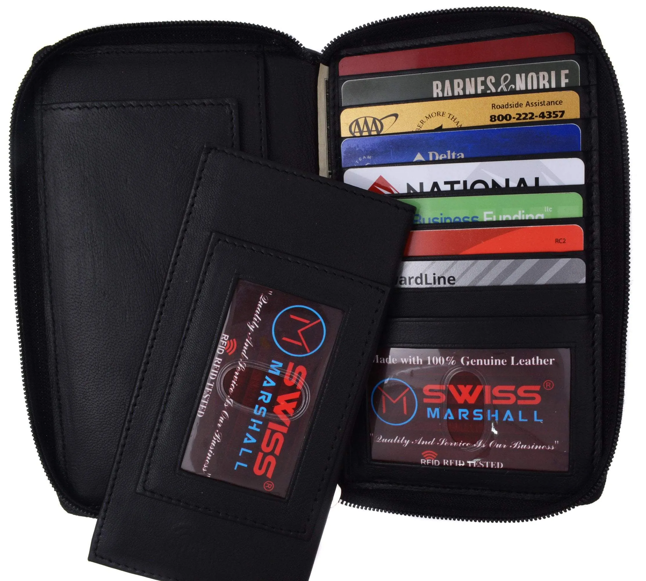 Swiss Marshall RFID Women's Deluxe Double Zipper Credit Card ID Checkbook Holder Premium Leather Wallet