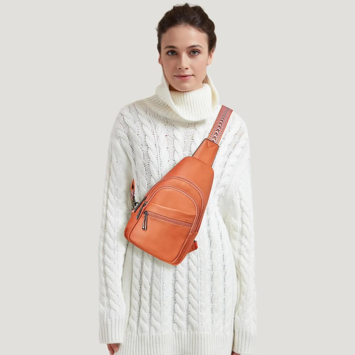 White Leather Front Zipper Pocket Crossbody Travel Sling Bag