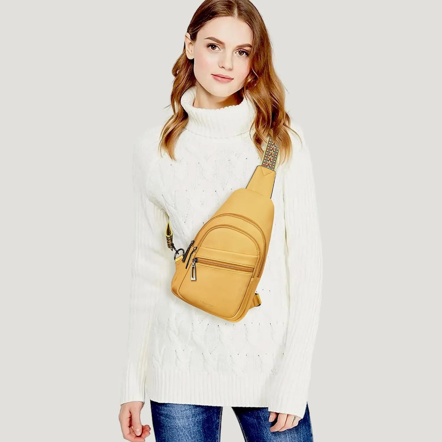 White Leather Front Zipper Pocket Crossbody Travel Sling Bag