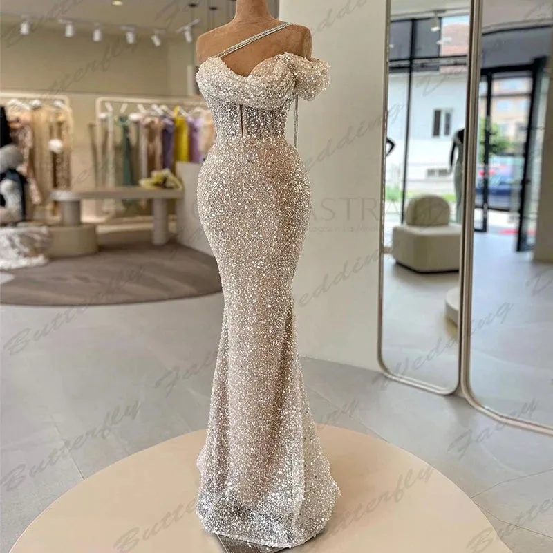 Wjczt Elegant Beautiful Evening Dresses Fascinating Sparkling Beading Sexy Mermaid Off Shoulder Sleeveless Simple Mopping Prom Gowns