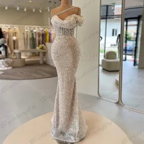 Wjczt Elegant Beautiful Evening Dresses Fascinating Sparkling Beading Sexy Mermaid Off Shoulder Sleeveless Simple Mopping Prom Gowns