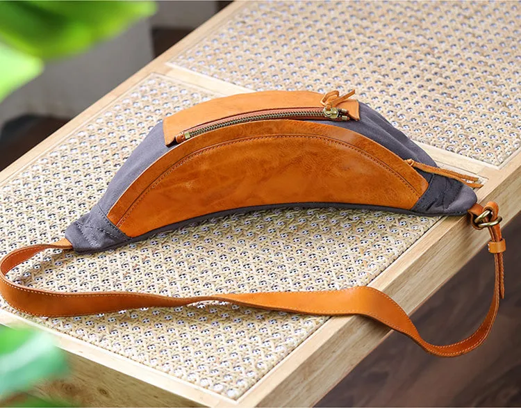 Womens Leather Canvas Sling Bag Chest Pack Bag For Women