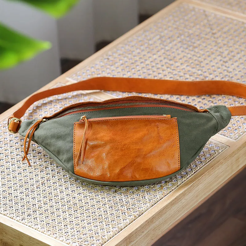 Womens Leather Canvas Sling Bag Chest Pack Bag For Women