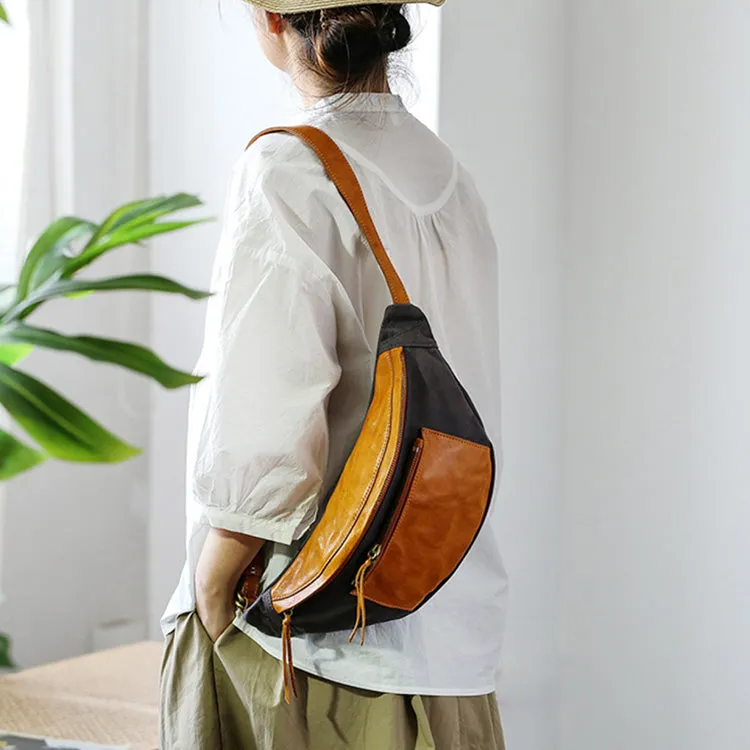 Womens Leather Canvas Sling Bag Chest Pack Bag For Women