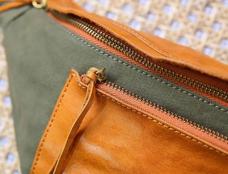 Womens Leather Canvas Sling Bag Chest Pack Bag For Women