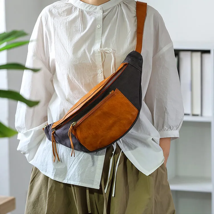 Womens Leather Canvas Sling Bag Chest Pack Bag For Women