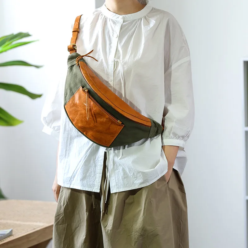 Womens Leather Canvas Sling Bag Chest Pack Bag For Women