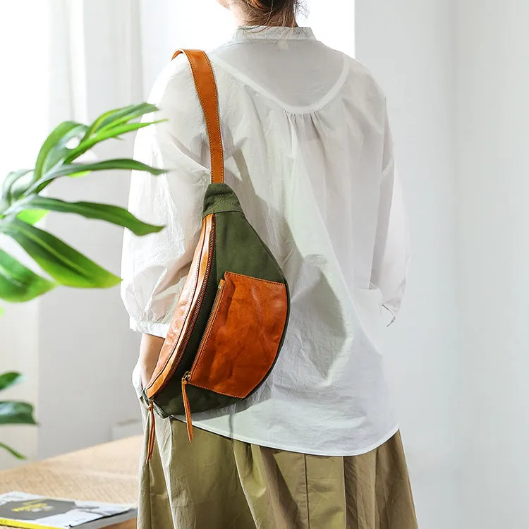 Womens Leather Canvas Sling Bag Chest Pack Bag For Women